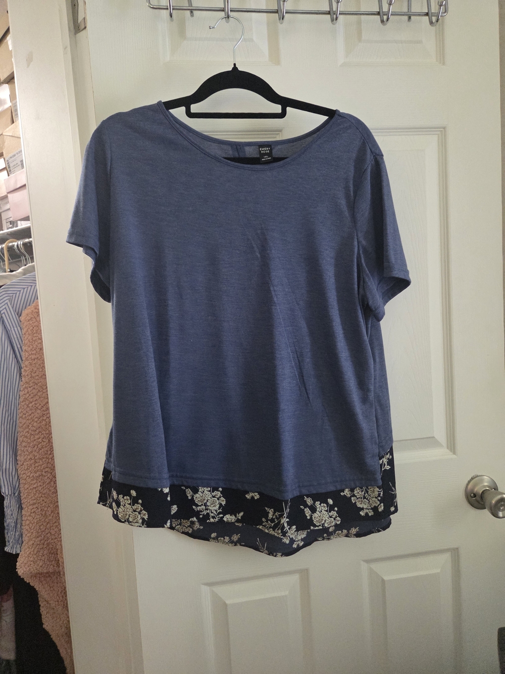 Avenue Blue Short Sleeve Top with Floral Hem